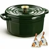 Overmont Bräter Emailliert Gusseisen Topf - Dutch Oven 26cm backofengeeignet mit Deckel und Kochbuch - für Braten Küche Backen Schmoren Dunkelgrün