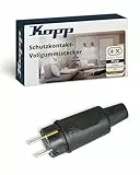 Kopp Schutzkontakt-Vollgummistecker in schwarz - Bruchfester IP44-Stecker aus Vollgummi mit Knickschutz - VDE-geprüft - Schutzkontakt 16A / 250V~ - Für Profi- & Heim-Einsatz