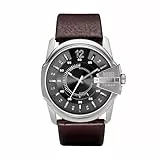 Diesel Herrenuhr Master Chief, Dreizeigeruhrwerk, 46mm Silber / Stahl Edelstahlgehäuse mit Lederarmband, DZ1206