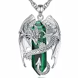 INFUSEU Drachen Kette, Kristall Halskette Nordischer Drache Eingewickelt Zylinder Edelstein Malachit Vintage Anhänger Sechseckiger Heilkristall Gothic Natürlicher Geschenk für Männer Frauen