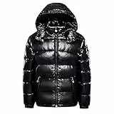Earnmore Warme Daunenjacken für Herren, einfarbig, Winterjacke, Schnee-Daunenjacken, Kapuzenreißverschluss, Metall, glänzender Windbreaker, Schwarz, XL