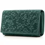 ekavale Portemonnee für Damen mit Blüten Muster RFID-Schutz, Leder Geldbörse Langformat mit Druckknopf (Petrol)