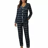 Dwevkeful Schlafanzüge Für Damen, Langarm Langhose Winter Pyjama aus Baumwolle | Warmer Hausanzug mit Weiten | Kuscheliger Pyjama für Kalte Nächte, Q, L-2