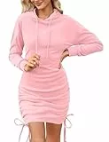 Aottori Hoodiekleid Damen Langarm Sweatshirtkleid Elegant Kapuzenkleid Herbst Pullover Kleid Casual Kapuzenpullover Lang Winterkleid Einfarbig Hellrosa L