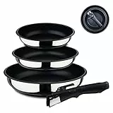 BERGNER Click&Cook | Pfannenset 4-teilig | Aus Edelstahl und mit Antihaftbeschichtung | Enthält 3 Pfannen mit 18, 20 und 24 cm | Mit 1 Abnehmbarem Ergonomischen Griff | Für Alle Herdarten und Backöfen