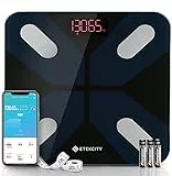 Etekcity Bluetooth Körperfettwaage, Personenwaage digital mit Intelligenten APP für Körpergewicht, Fett, BMI, Muskelmasse, Wasser, Protein usw, 28st/180kg/400lb, Einschließlich Batterien, Schwarz