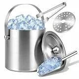 Dreamhigh® 2L Eiswürfelbehälter Edelstahl, Eiseimer mit Doppelwand-Design, Eisbehälter für Eiswürfel Eiskübel mit Deckel & Eiszange & Siebeinsatz & Eisschaufel, Tragbarer Eiskühler für Bier, Wein