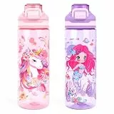 decalsweet 2 Stück Trinkflasche geeignet für Personen ab 4 Jahren, 650ml Trinkflasche mit Tragegriff, BPA-frei Tritan Flasche Kinder zum Schule & Sport, Wasserflasche, Einhorn & Meerjungfrau