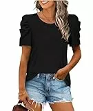 XIEERDUO Top Damen Puffärmel T Shirt Damen Elegant Oversized Oberteile Rundhals Ausschnitt Schwarz M
