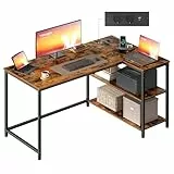 VASAGLE Eckschreibtisch in L-Form, Computertisch mit Stauraum, Bürotisch, höhenverstellbare Ablage, für Homeoffice, mit 2 AC-Steckdosen und 2 USB-Anschlüssen, 120 x 80 cm, vintagebraun LWD132KD01