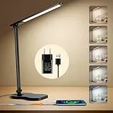 Schreibtischlampe LED Dimmbar, Tischlampe mit Stecker, 5 Farben und 10 Helligkeitsstufen Touch Control, USB-Ladeanschluss LED Tischlampe, Augenschutz Desk Lampe mit 45 min Timer für Büro Schwarz