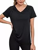 Wayleb Sport Shirt Damen Fitness V-Ausschnitt Kurzarm Leichtes Tshirt mit Stylischen Nähten für Gym Outdoor Running Funktionsshirt Schwarz