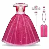 BSBUY Kostüm Kinder Dornröschen Mädchen 7Pcs Prinzessinnenkleid Kinder mit Krone Schmuck Handschuhe Zauberstab Halskette und Ringe Princess Costume für Verkleidung Karneval Halloween Geburtstag 120