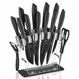 YEBABFIT Knife Set, 16 Pieces High Carbon Stainless Steel Black Non Stick Coated Kitchen Knife Set, No Rust and Super Sharp Cutlery Knife Set with Acrylic Stand and Kitchen Scissors, Gift