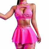 Dessous Damen Set, Unterwäsche Strapsen Dessouse Sexy Reizwäsche Bodysuit Rückenfreies Babydoll Outfit Nachtwäsche Gürtel Negligee Hohe Taille Lingerie mit Strumpfgürtelrock Silbrig S