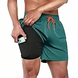 ineepor Herren Badehose mit Kompression 2in1 Board Shorts mit Reißverschlusstasche kurz Grau XS-5XL
