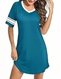 Bresdk Nachthemd Damen Schlafshirt Kurzarm Baumwolle Nachtwäsche Sleepshirt Kurz Bequeme Freizeitkleid Frauen Schlafkleid Loungewear Blau XL