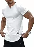 Meilicloth Herren T Shirt Weiß Gym Tshirt Slim Fit V-Ausschnitt Kurzarm Basic Baumwolle Sport Freizeit T-Shirt für Herren XL