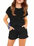 Haloumoning Mädchen Schlafanzüge Sommer Lässig Flügelärmeln T-Shirt mit Elastisch Shorts Set Einfarbig Pyjama Set Kleidung Sets, Schwarz, 11-12 Jahre