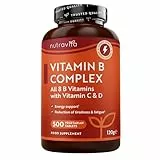 Vitamin B Komplex mit Vitamin C + D + Biotin - 500 Tabletten für +1 Jahr Vorat, Stoffwechsel, Psychische Funktion, Nervensystem (EFSA) - Nutravita