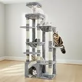 Heybly Kratzbaum, 180 cm Kratzbaum Groß mit extrem Stabiler Basis, XL-Plattform, großes Katzenhaus, 2 Hängematten, mehrstöckige Katzenmöbel für Maine Coon und andere Großkatzen, Hellgrau HCT037W