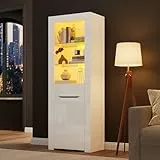 Merax Vitrine mit LED-Lichtern, Vitrinenschrank mit 1 Türen und 1 Schublade, Glasvitrine mit viel Stauraum, Modern Aufbewahrungsschrank Bücherschrank Standvitrine für Wohnzimmer Büro Esszimmer, Weiß