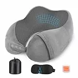Nexellent Nackenkissen Flugzeug, Reisekissen, Hochwertiges Memory Foam Nackenkissen für Flugzeug und Auto – Vollständiges Set mit Schlafmaske, Ohrstöpseln und Tragetasche. (Grau)