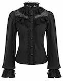 CURLBIUTY Damen Gothic Hemd Langarm Rollkragen Bluse Arbeit Button-Down Steampunk Oberteile Schwarz L