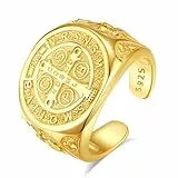 INFUSEU Ring Des Heiligen Benedikt, 925 Sterling Silber 18K Gold Saint Benedikt Religiöser Katholischer Christlicher Exorzismus Herrenring Tempelritter Christliche Medaille Kreuz Ordensschutz