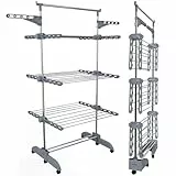 PORTENTUM Wäscheständer Turm klappbar 14 cm mit 5 Ebenen und 58 Haken für Kleiderbügel – Bis 40 kg – ständer mit 24 Edelstahlstangen – Für Innen- und Außenbereich – Rollen mit Feststellbremse