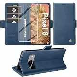 Giyer für Google Pixel 8 Hülle mit Displayschutzfolie, Handyhülle Pixel 8 5G Premium PU Leder Wallet Klapphülle Standfunktion Kartenfach Schutzhülle für Google 8 Lederhülle Flip Case Cover (Blau)