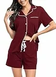 Lovasy Schlafanzug Damen Baumwolle Kurz Pyjama Set Kurzarm Schlafanzüge für Damen mit Knöpfen und Taschen,Wein Rot,XL