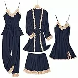 Sapjon Damen-Pyjama-Set, Seiden-Pyjamas für Damen, süße Nachtwäsche, Loungewear, Satin, Pyjama-Set für Damen, weich, 5-teilig, Marineblau, L