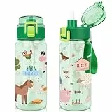wooshwa Trinkflasche 550ml mit Strohhalm Sicherheitsverschluss Tritan, Auslaufsicher zum Wandern Sport, BPA-frei - Bauernhoftiere