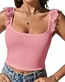 GeGekoko Damen Crop Tops Spitze Ärmellos Tank top Sexy Camisole Sommer Eng Oberteil mit Rüschen(Rosa, L)
