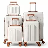 LEADZM Koffer Set 5 teilig Hartschale mit Kosmetikkoffer, Kofferset aus ABS, Reisekoffer mit Rollen Groß, Handgepäck, Hartschalenkoffer Set, Koffer & Trolleys (Beige-Braun)