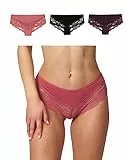 Snocks 3er Pack Hipster Lace - Damen Baumwolle Panties mit Spitze - Unterhose Damen Slip - Gr. L - Farbe Mix (Mauve/Wine/Schwarz)