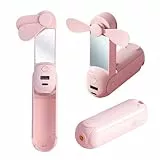 CNMTCCO Handventilator, 5 in 1 Mini Ventilator, wiederaufladbar, USB-Ventilator, faltbar, mit Schultergurt, Powerbank, Taschenlampe, Spiegel und Handyhalterung für Büro, Außenbereich