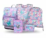 Baagl Schulranzen Mädchen Set 5 Teilig (Ergo Schultasche für 1. Klasse, Mäppchen, Turnbeutel, Schürze, Brustbeutel), Grundschule Ranzen, Ergonomischer Schulrucksack, 19 l (Candy)