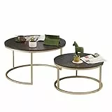 Soayone Couchtisch Rund 2er Set, Schwarz Marmor Couchtisch mit Gold Metallgestell, Beistelltisch Rund, Wohnzimmertisch Modern, Satztische fürs Wohnzimmer Schlafzimmer Balkon