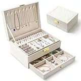 Ninonly Schmuckkästchen Ohrringe mit 2 Ebenen Schmuckkästchen für Damen Mädchen PU-Leder Schmuckaufbewahrung Ohrringe für Ringe Armbänder Halskette Mit Schloss und Schlüssel Weiß