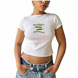 Y2k Top Damen T-Shirt Baby Tees Shirt Y2k Crop Top Kurzarm Slim Fit Weisses Tshirt E-Girls Vintage Oberteile Streetwear Cute Tops Teenager Mädchen (DE/NL/SE/PL, Alphanumerisch, L, Regular, Kurz, E)