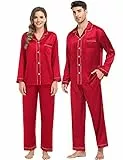 SWOMOG Passende Seiden-Pyjama-Set für die Familie Paar Button Down 2-teilig Nachtwäsche Langarm Seidiges Nachtwäsche-Pjs-Set Männlich Rosa L