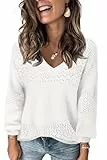 Fisoew Damen V-Ausschnitt Strickpullover Langarm Gerippte Pullover Leicht Häkelpullover Casual Sweater,Weiß,L