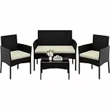 Yaheetech 4-er Gartenmöbel Set Balkonmöbel Set aus Polyrattan Terassenmöbel Außen mit 2er Sofa, 2 Stühle, Tisch & Sitzkissen für Terrasse/Balkon/Garten Schwarz & Beige