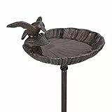 Relaxdays Vogeltränke zum Stecken, Wasserschale mit Vogel, frostsicher, Gartenstecker, 100 cm hoch, Gusseisen, braun