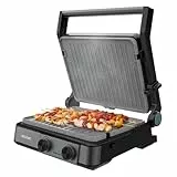 Cecotec Dual-Elektrogrill mit Grill Rock'nGrill 2200. 2200W, Öffnung 180°, Dual Temp, RockStone, Antihaftbeschichtung, Wendeplatten, Fettauffang, Leuchtanzeige, 29x23 cm