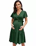 KOJOOIN Damen Umstandskleid V-Ausschnitt Stillkleid Casual Schwangerschafts Kleider mit Rüsche Dunkelgrün(Kurzarm) L