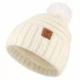 OZERO Damen Wintermütze Haube Strickmütze: Bommelmütze Thermo Fleece Gefütterte Beanie Mütze Wollmützen Mit Kunstfell Pudelmütze Winterkappe (Weiß)