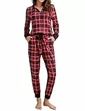 Clearlove Schlafanzug Damen Lang Zweiteiliger Nachtwäsche Langarm Pyjama Set Frauen Hausanzug Loungewear mit Taschen Rot S